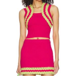 MAJORELLE Jeneli Crochet Knit Set Pink Green Mini Skirt Set Revolve XS NWT